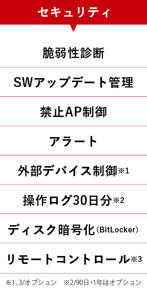 セキュリティ：脆弱性診断、SWアップデート管理、禁止AP制御、アラート、外部デバイス制御※1、操作ログ30日分※2、ディスク暗号化、リモートコントロール※3（※1、3はオプション※290日・1年はオプション））