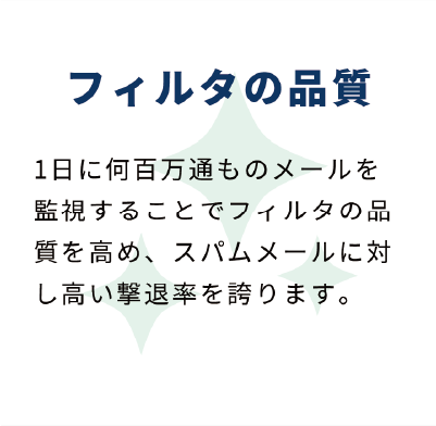 フィルタの品質：1日に何百万通ものメールを監視することでフィルタの品質を高め、スパムメールに対し高い撃退率を誇ります。